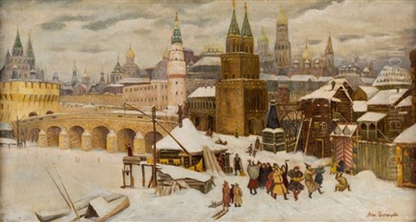 Revelers Before The Kremlin, Moscow Oil Painting by Appolinari Mikhailovich Vasnetsov