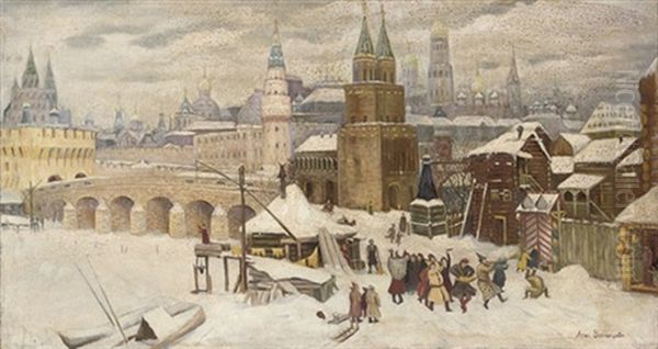 Revellers Before The Kremlin, Moscow Oil Painting by Appolinari Mikhailovich Vasnetsov