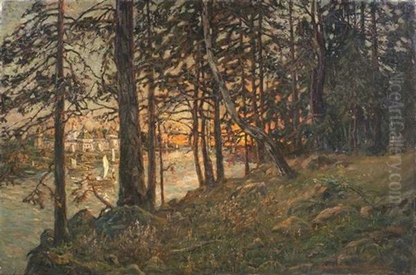 Bewaldete Fluslandschaft Mit Einem Kloster Bei Sonnenuntergang by Appolinari Mikhailovich Vasnetsov