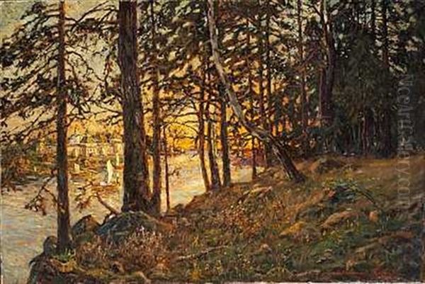 Huse Ved En Russisk Flod, Solnedgang Oil Painting by Appolinari Mikhailovich Vasnetsov