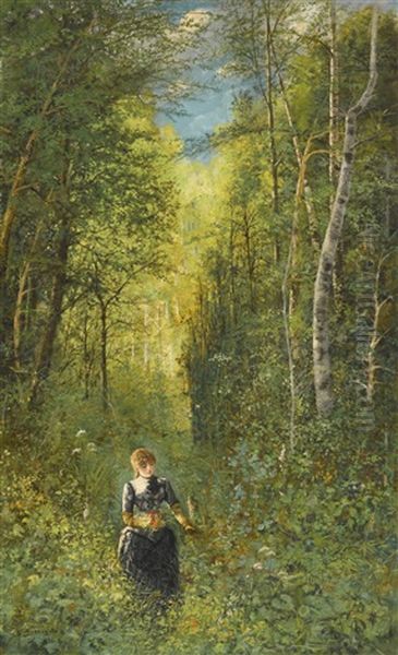 Girl Gathering Flowers In The Woods Oil Painting by Viktor Mikhailovich Vasnetsov