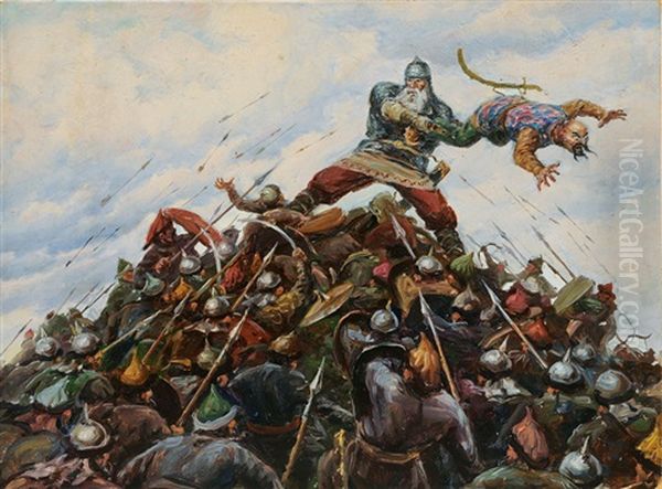 A Bogatyr Beating The Tatars Oil Painting by Viktor Mikhailovich Vasnetsov