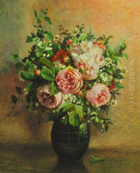 Still Life Of Roses, A Leaf On The Ground Oil Painting by Bela Vass