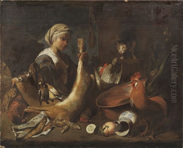 Donna Con Lepre, Gallo E Gatto Oil Painting by Anton Maria Vassallo