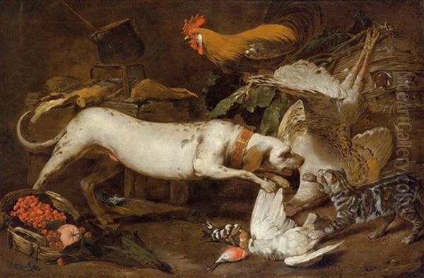 Stillleben Mit Einem Hund; Stillleben Mit Einem Fasan Oil Painting by Anton Maria Vassallo