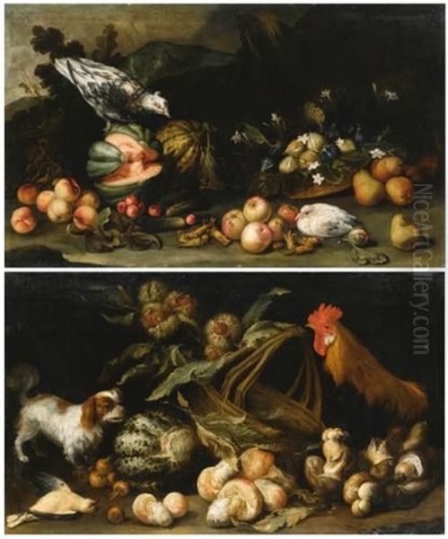 A Forest Floor Still Life With A Dog, A Cockerel, Horse Chestnuts And A Melon; A Forest Floor Still Life With Figs, Pears, Melons, Apricots And Cucumbers (pair) by Anton Maria Vassallo