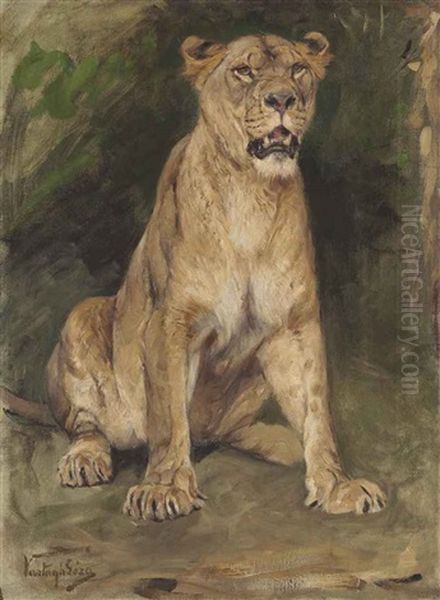 A Seated Lioness Oil Painting by Geza Vastagh