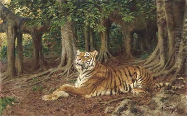 A Tiger In A Forest Oil Painting by Geza Vastagh