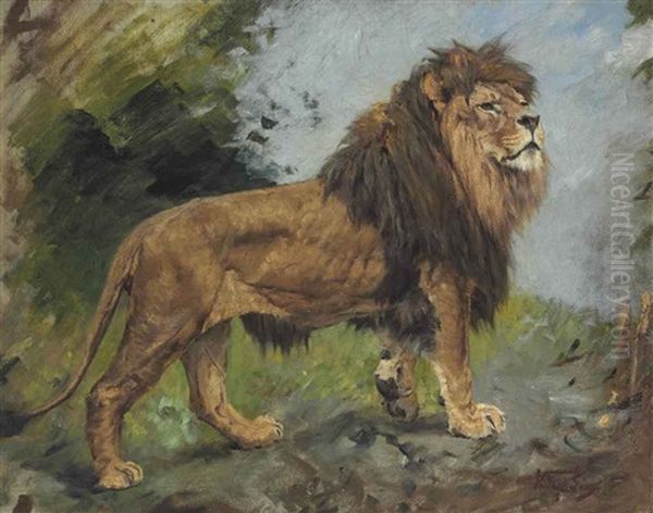 A Lion Walking Oil Painting by Geza Vastagh