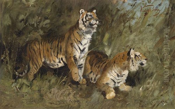 Tiger Im Hohen Gras Oil Painting by Geza Vastagh