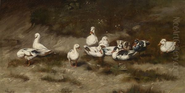 Enten Am Bachufer Oil Painting by Geza Vastagh