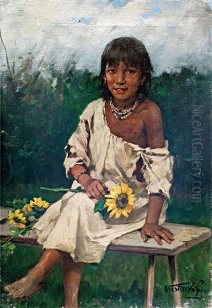 Girl With Sunflower (leanyka Napraforgoval) Oil Painting by Gyoergy Vastagh