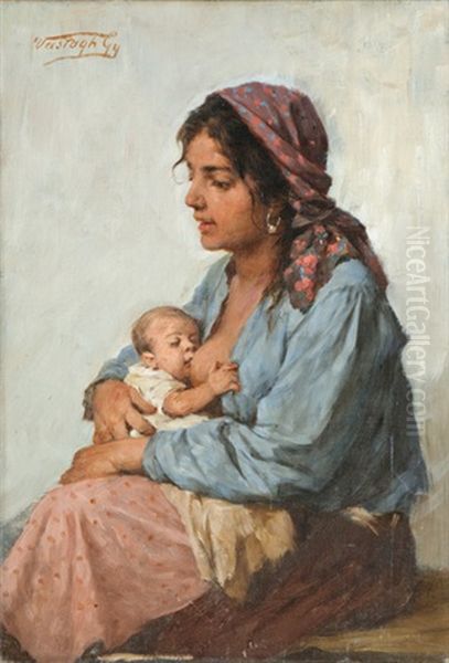 Gyermeket Szoptato Anya Oil Painting by Gyoergy Vastagh