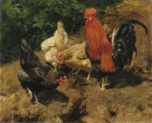 Kakas Tyukokkal (cock With Hens) Oil Painting by Gyoergy Vastagh