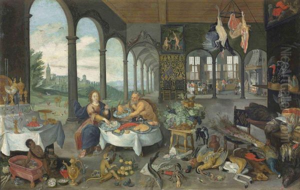 Figures Feasting In The Loggia Of A Palace Oil Painting by Jan Breughel