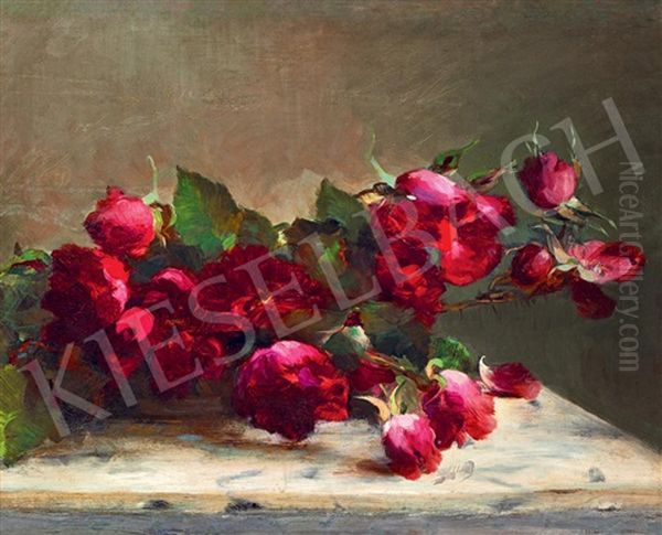 Still Life With Roses (magia Nera) Oil Painting by Janos Vaszary