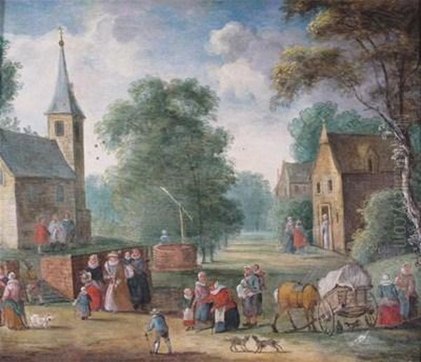 A Village Scene With Figures By A Horse And Cart, A Well And A Church Beyond Oil Painting by Jan Breughel