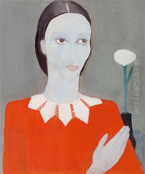 Woman In Red Dress With Flower Oil Painting by Oedoen Vaszko