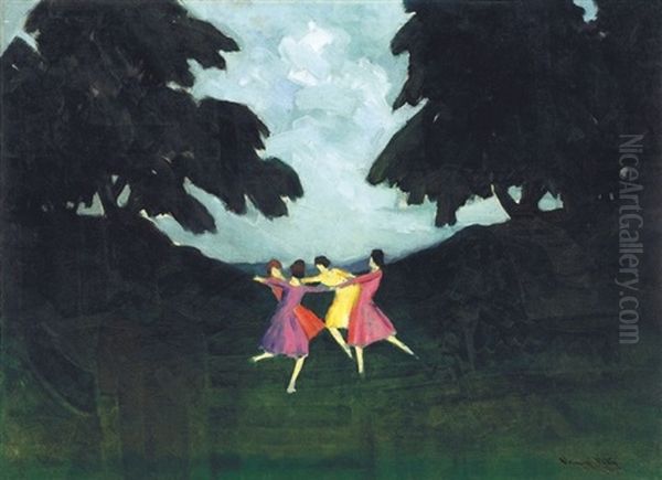 Tancolo Lanyok Az Erdoben - Dancing Girls In The Forest Oil Painting by Oedoen Vaszko