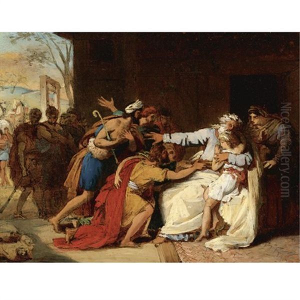 Jacob Refusing To Send Benjamin Away Oil Painting by Theophile August Vauchelet