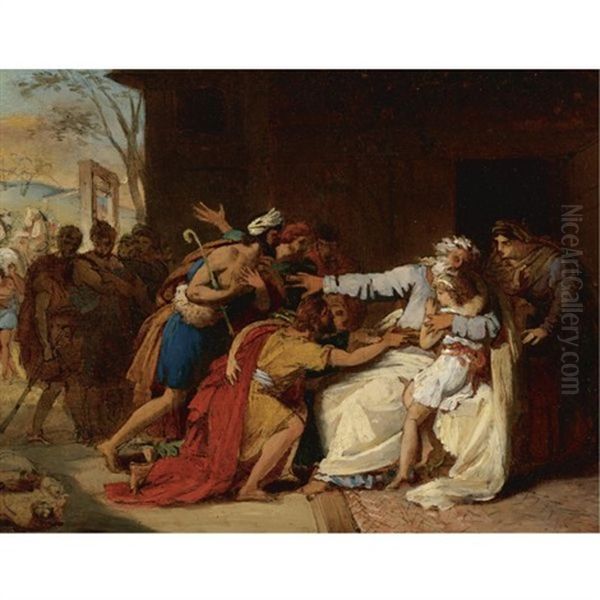 Jacob Refusing To Send Benjamin Away Oil Painting by Theophile August Vauchelet