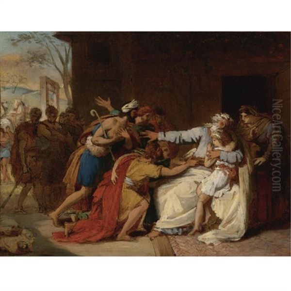 Jacob Refusing To Send Benjamin Away Oil Painting by Theophile August Vauchelet