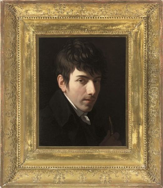 Portrait Of Andre Feer, In A Black Coat With A White Cravat, A Paintbrush In His Right Hand Oil Painting by Gabriel Constant Vaucher