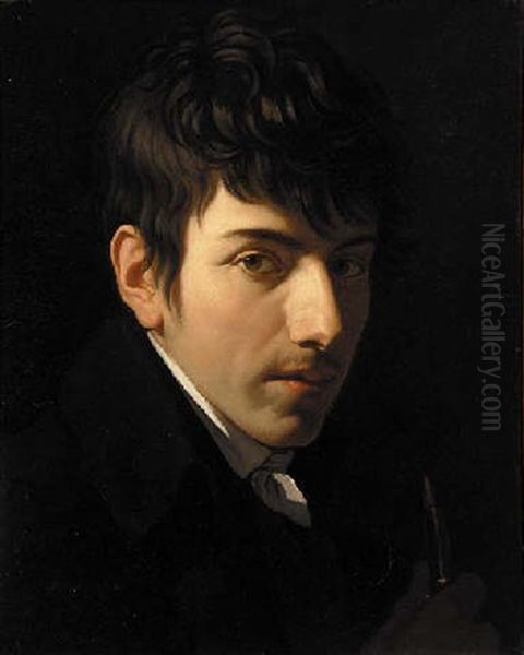 Portrait Of Andre Peer, Head And Shoulders, In A Black Coat With A White Cravat Holding A Pen Oil Painting by Gabriel Constant Vaucher