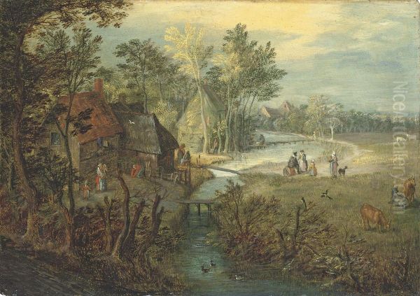 A River Landscape With Cottages, Figures And Cattle On A Bank Oil Painting by Jan Breughel