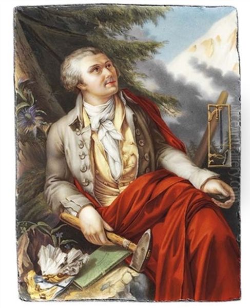 Horace Benedict De Saussure, Seated Under A Pine Tree With Snowy Mountain In The Background Oil Painting by Jean Jacques Ulrich Joseph Vaucher-Strubing