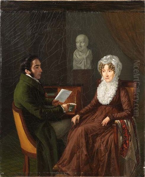 Portrait Of A Man And A Woman, Presumably Baroness Louise Deconchy Receiving Word Of Her Husband's Death In Battle Oil Painting by Jean Joseph Vaudechamp