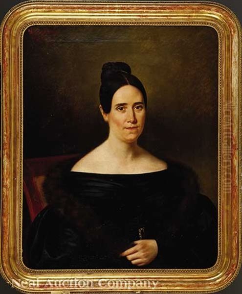 Portrait Of A Creole Lady In A Black Dress And Fur Stole Oil Painting by Jean Joseph Vaudechamp