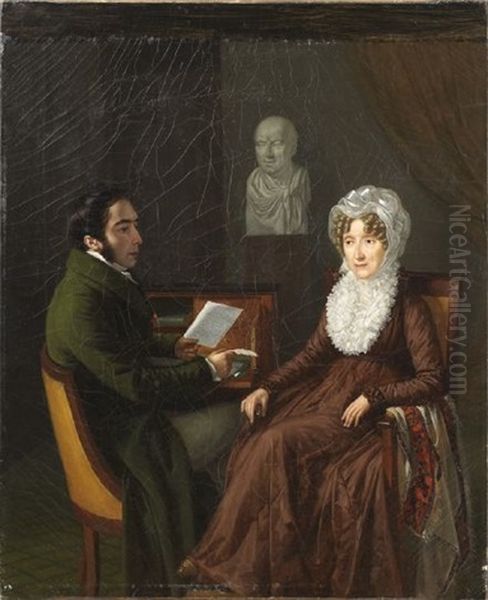 Portrait Of A Man And Woman, Presumably Baroness Louise Deconchy Receiving Word Of Her Husband's Death In Battle Oil Painting by Jean Joseph Vaudechamp