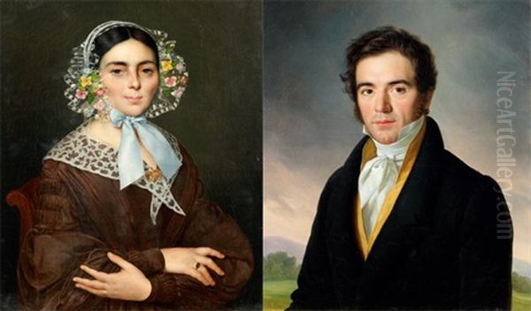 Portrait De Femme (+ Portrait D'homme Sur Fond De Paysage; Pair) Oil Painting by Jean Joseph Vaudechamp