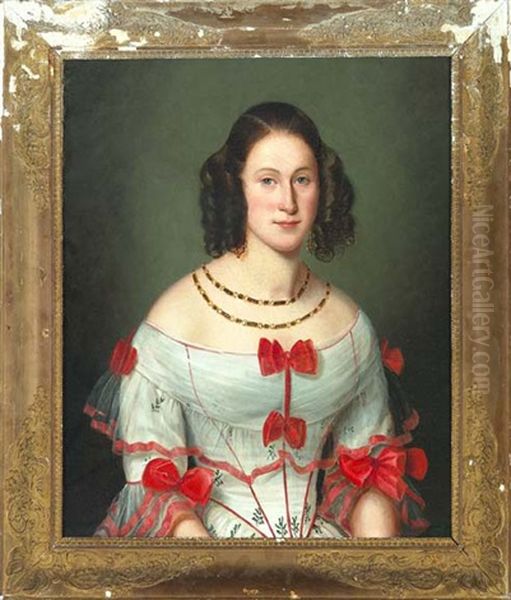 Portrait Of A Girl In A White Dress Adorned With Red Bows Oil Painting by Jean Joseph Vaudechamp