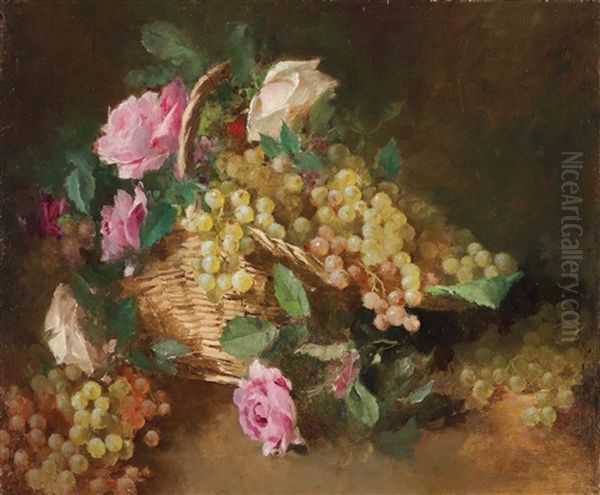 Ein Korb Mit Blumen Und Weintrauben Oil Painting by Pierre Louis Leger Vauthier