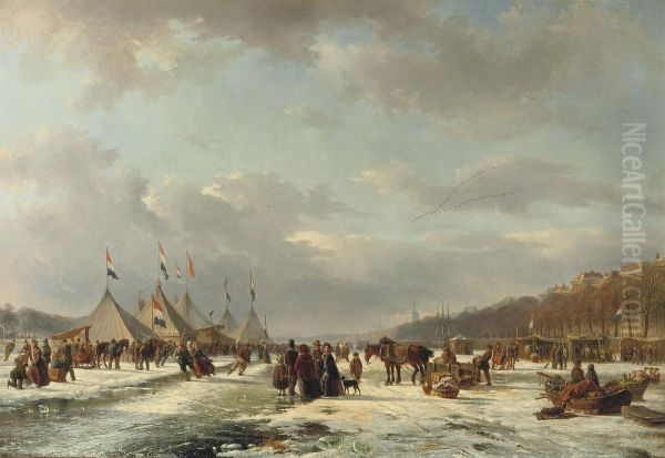 Festivities On The Ice: The Nieuwe Maas With The Boompjes, Bolwerkand Harbour Entrance Of The Oudehaven, Rotterdam Oil Painting by Frans Arnold Breuhaus de Groot