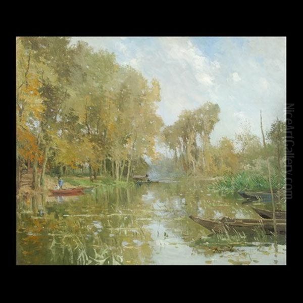 Landscape With Pond And Boats Oil Painting by Pierre Louis Leger Vauthier