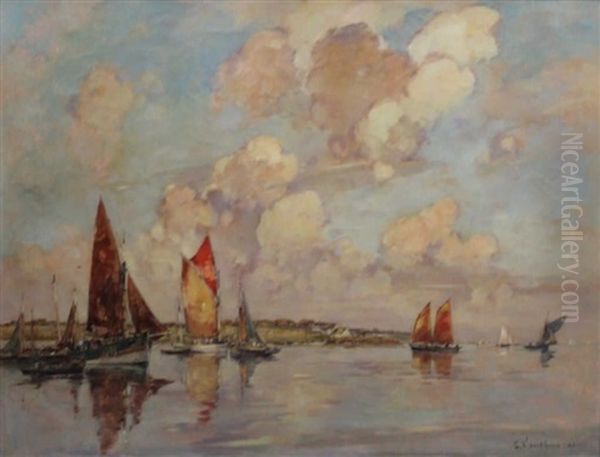 Thoniers En Bretagne Oil Painting by Ernest Germain Vauthrin