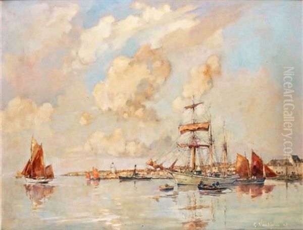 Goelette Dans Le Port De Granville Oil Painting by Ernest Germain Vauthrin