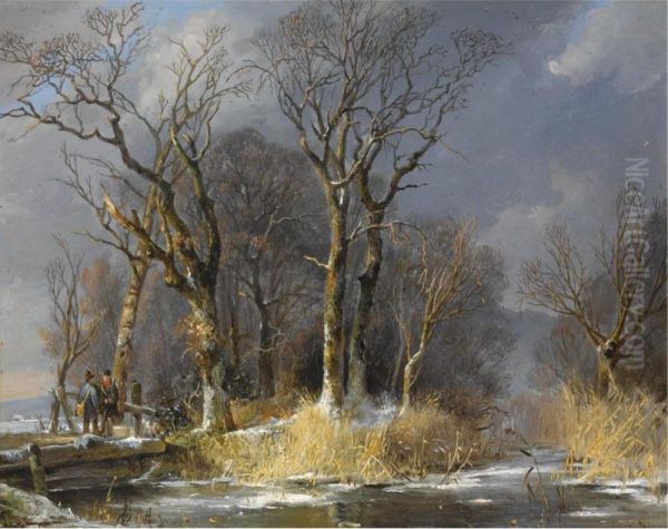 Hunters In The Snow Oil Painting by Frans Arnold Breuhaus de Groot