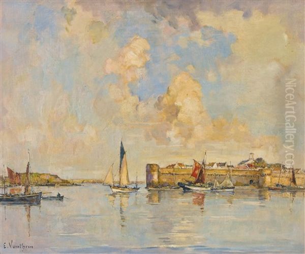 Voiliers A Concarneau Oil Painting by Ernest Germain Vauthrin