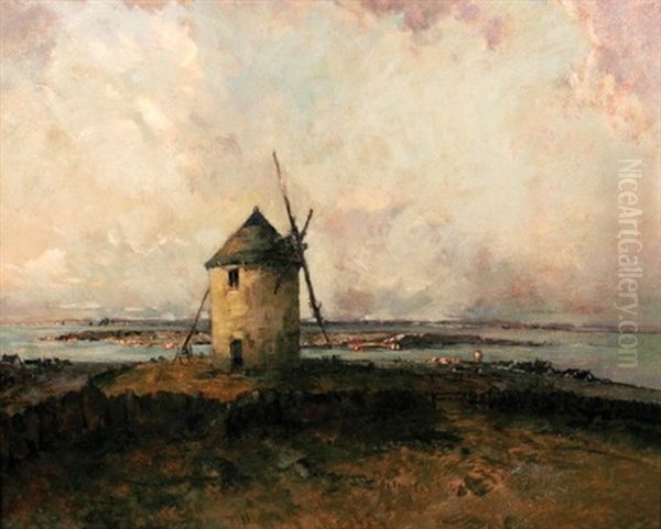 Windmill Scene Oil Painting by Ernest Germain Vauthrin