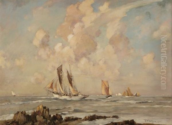 Voiliers Sur Un Littoral Breton Oil Painting by Ernest Germain Vauthrin