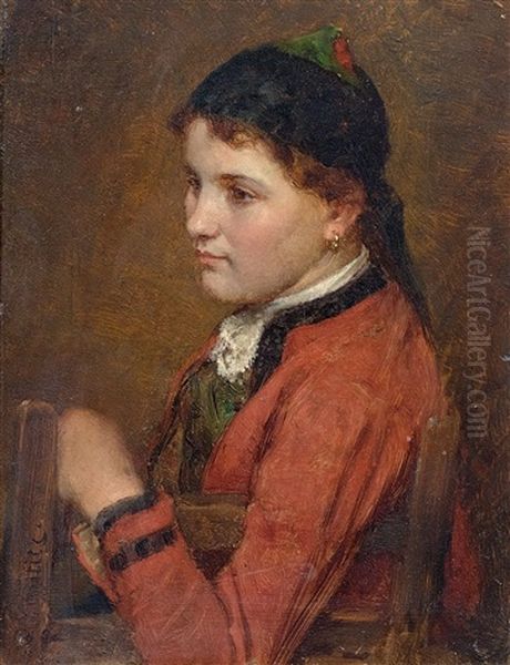 Girl In A Red Dress Oil Painting by Marc Louis Benjamin Vautier the Elder