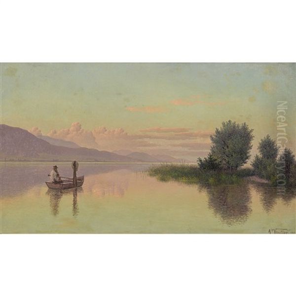 Abendliche Stimmung Am Genfersee Mit Ruderer Oil Painting by Alexis Vautier