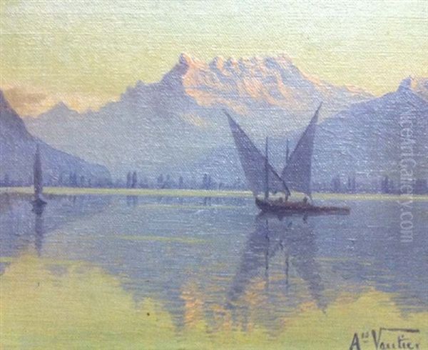 Barque Sur Le Leman, Avec Dents Du Midi Oil Painting by Alexis Vautier