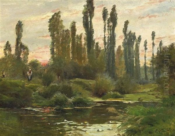 Abendfrieden. Sommerliche Fluslandschaft Bei Untergehender Sonne Oil Painting by Andre Vautier