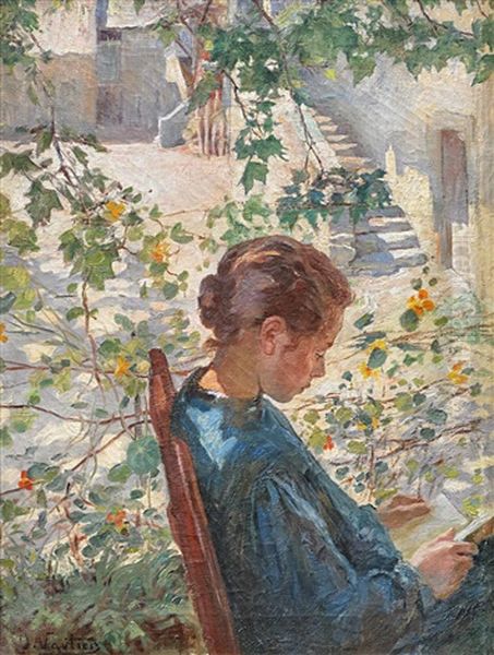 Lesende Junge Frau Im Garten Oil Painting by Otto Vautier