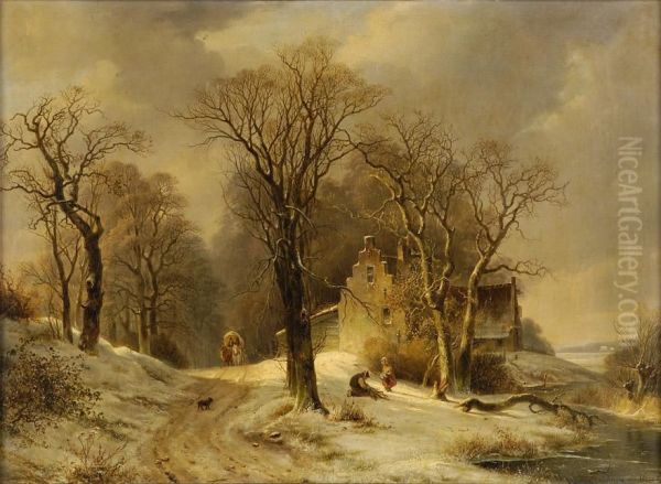 Winterlandschaft Mit Reisigsammler Und Kutsche. Oil Painting by Frans Arnold Breuhaus de Groot